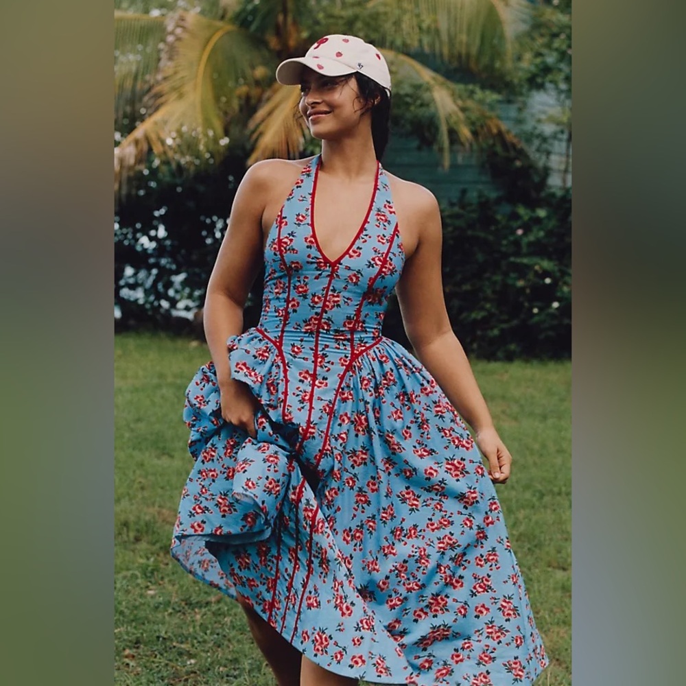 NWT Anthropologie Blue Floral Halter Midi Dress with Red Trim